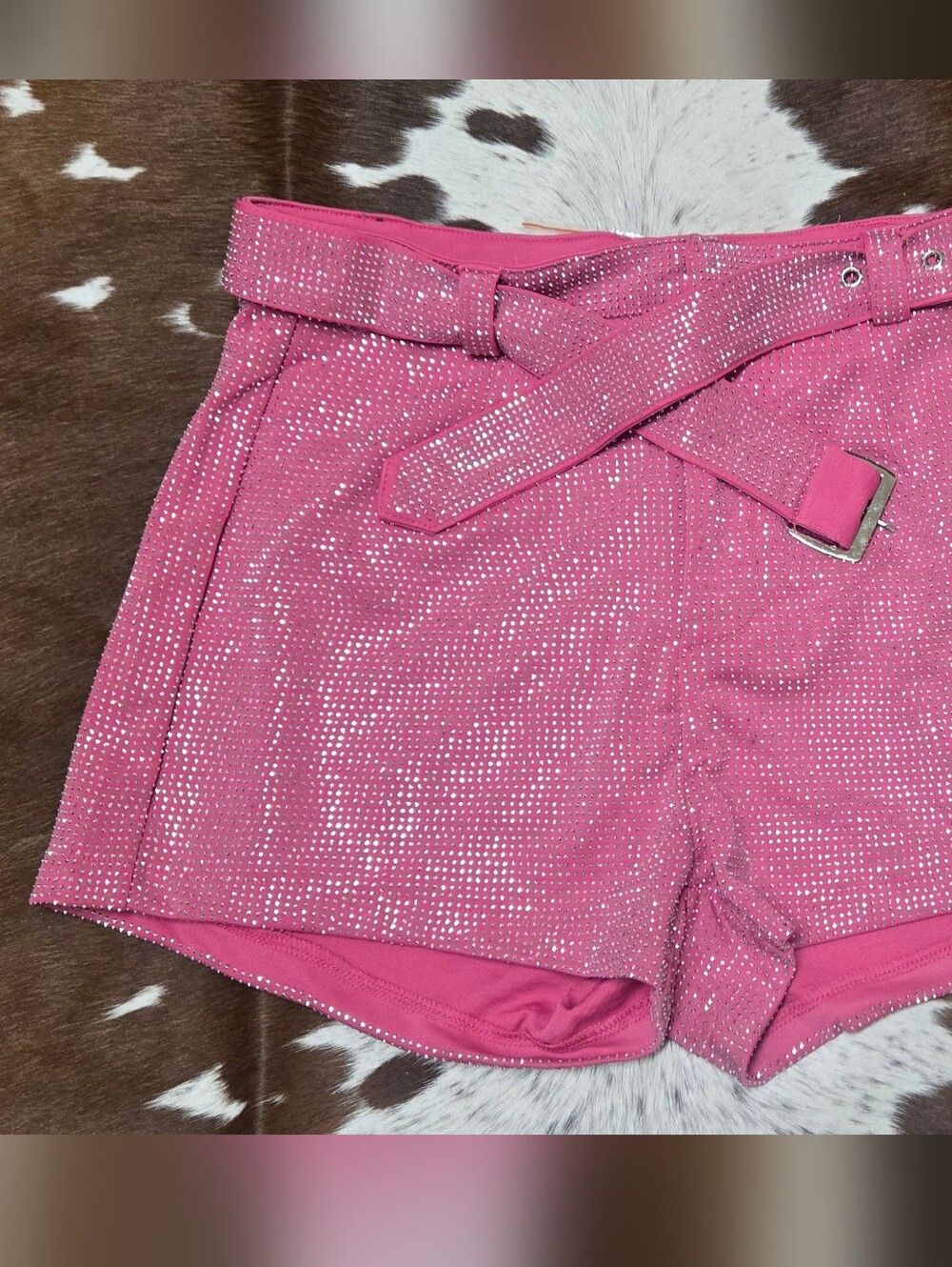 High-Waist Pink Sequin Belted Women’s Shorts
